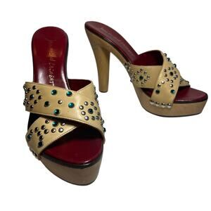 Jean-Michel Cazabat Platform Slide Heels Sandal Tan Leather Bling 5 Inch Sz 7.5